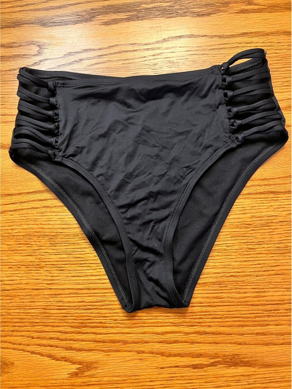 Shade & Shore Black High Waist Bikini Bottom with Cutout Side Straps, Size M